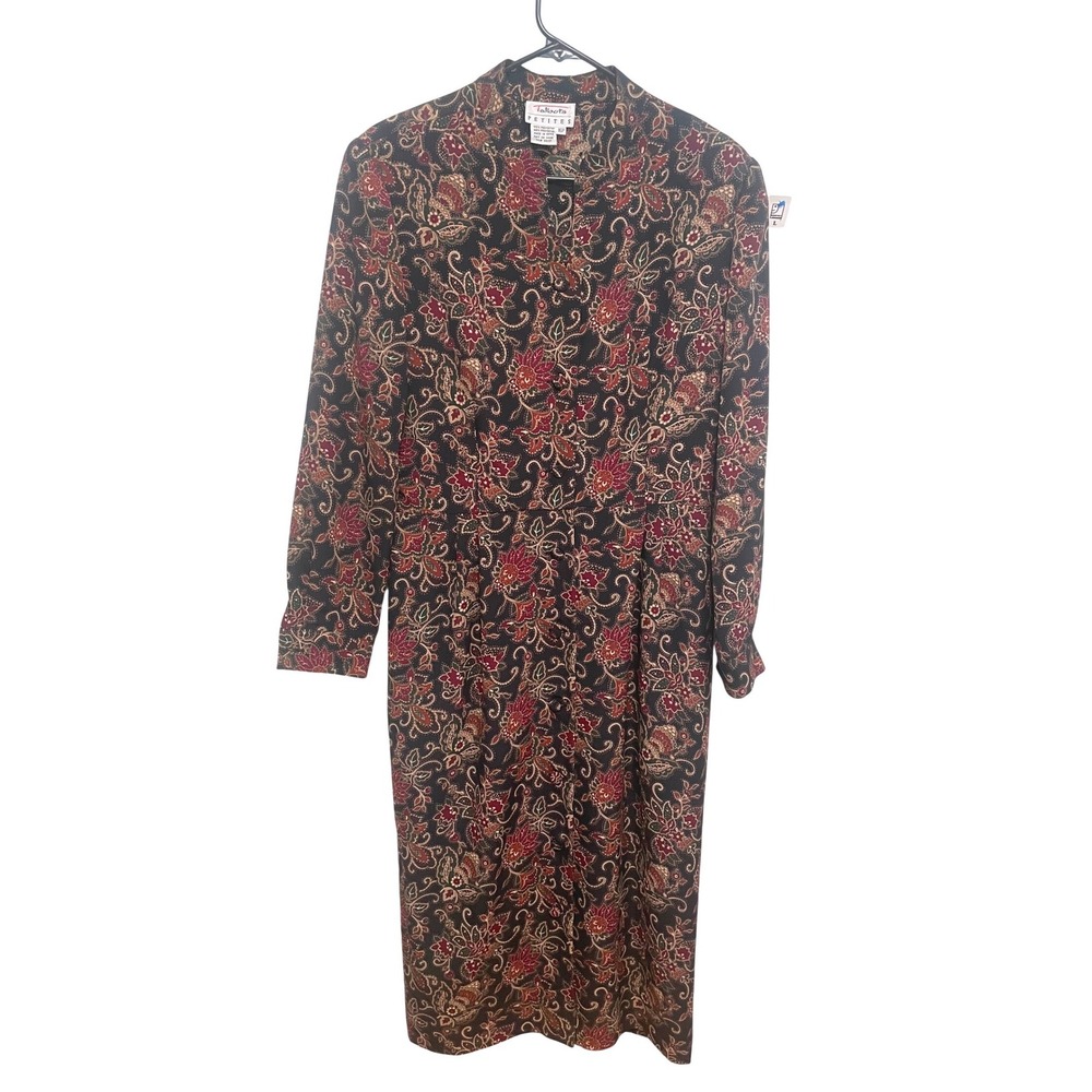 Talbots Dress Vintage Floral Paisley Midi Burgundy Olive Long Sleeve 16P